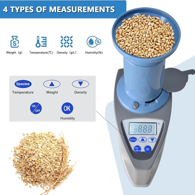 Professional Grain Moisture Meter, Moisture Tester for 20+ Grains, Measure Weight, Density, Temperature with LCD Display, Wheat, Corn, Rice, Crop Moisture Detector