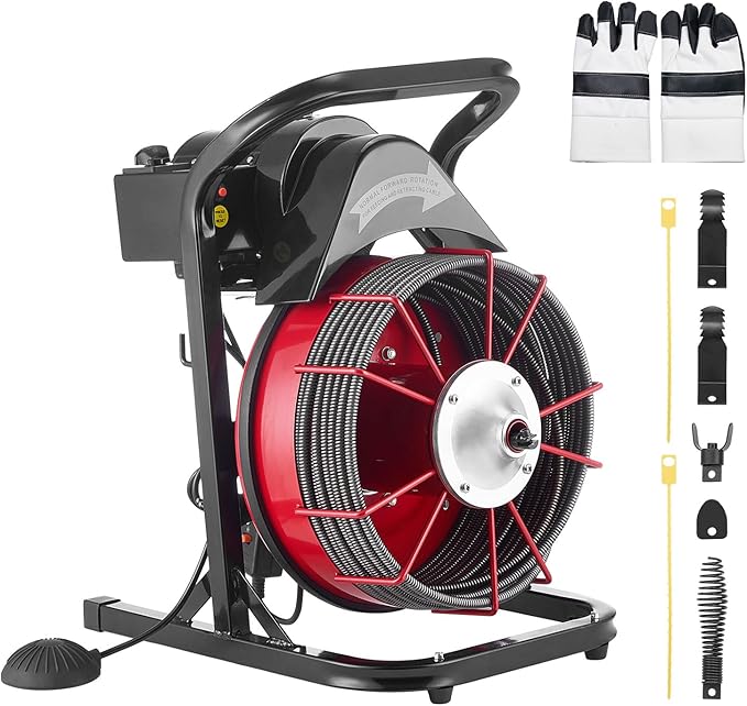 VEVOR Drain Cleaner Machine 75 FT x 1/2 Inch, Sewer Snake Auger Manual Feed with 4 Cutters & Air-activated Foot Switch for 2" to 6" Pipes