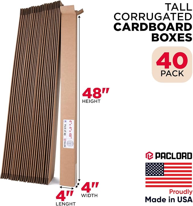 Tall Cardboard Boxes 4"L x 4"W x 48"H (Pack of 40) - USA-Made Packing Boxes for Moving, Shipping, or Storage - USPS, UPS, FedEx Approved - Professional Packing Supplies for Moving | USA-Made Packing Boxes for Moving, Shipping, or Storage - USPS, UPS, F...