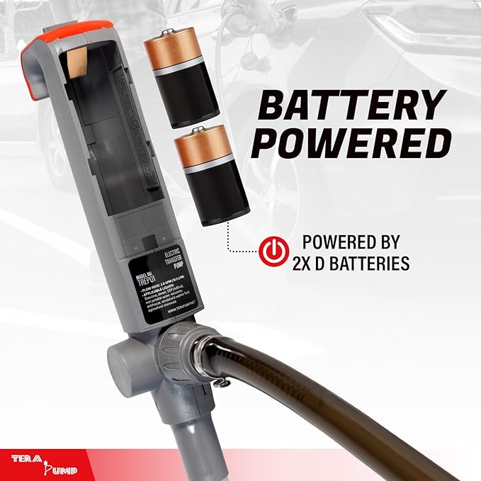 TERA PUMP 2nd Gen Multi-Purpose Battery Powered Fuel Transfer Pump | Upgraded Durable Vinyl Hose, 2D Battery, 2.8 GPM