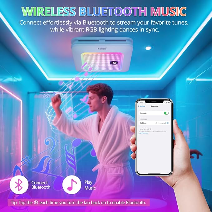 VallisCo Bathroom Exhaust Fan with Bluetooth Speaker, RGB Light & Remote, 230 CFM Quiet Ceiling Fan, 3 Dynamic RGB Lighting, 3000K–6000K Dimmable, Nightlight, Dual Installation