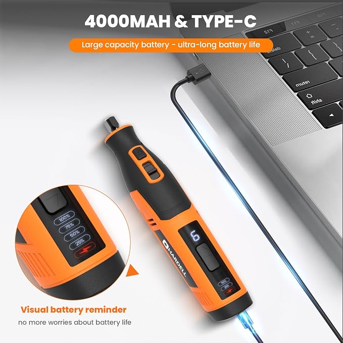 4V Cordless Rotary Tool Kit with 80Pcs, 4000mAh Long-lasting Battery, 6 Speeds 8000-28000RPM Rotary Tool with Digital Display for Cutting, Sanding, Polishing, Drilling, Engraving, DIY Crafts(Orange)