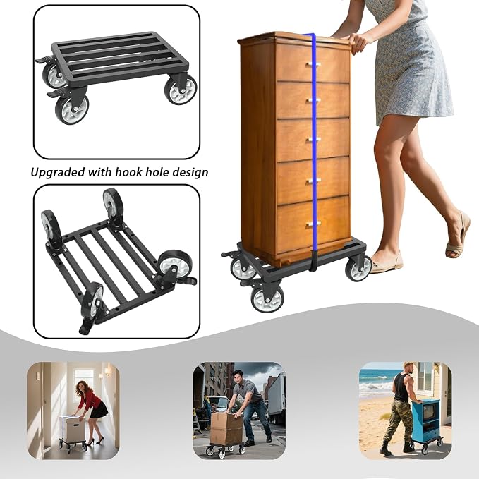 Heavy-Duty Stainless Steel Furniture Dolly, 24'' x 18'' Furniture Mover with 1200LB Capacity, 5'' Swivel Casters & Tie-Down Straps for Secure Transport
