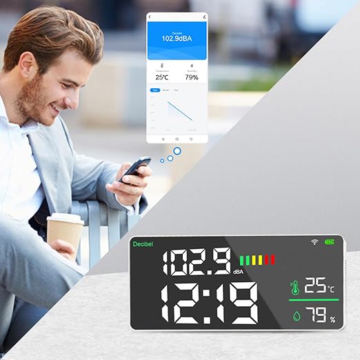 LICAEVEY 11 Inch Large LED Wall Mount Sound Level Meter with WiFi Tuya APP Control, Decibel Tester with Temperature Humidity Display for Home Studio Factory