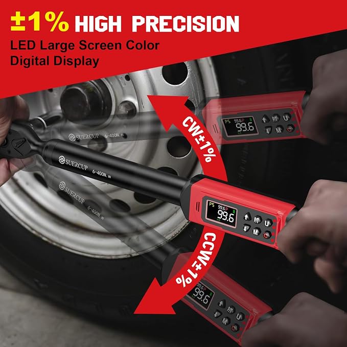 SUERCUP 1/2" Digital Torque Wrench (4.4-295 Ft.lb / 6-400Nm) for Auto/Truck | ±1% Accuracy with Vibration/Buzzer/LED Alerts, 9 Presets & 5 Units, for Engine, Suspension, Trailer & Industrial Assembly