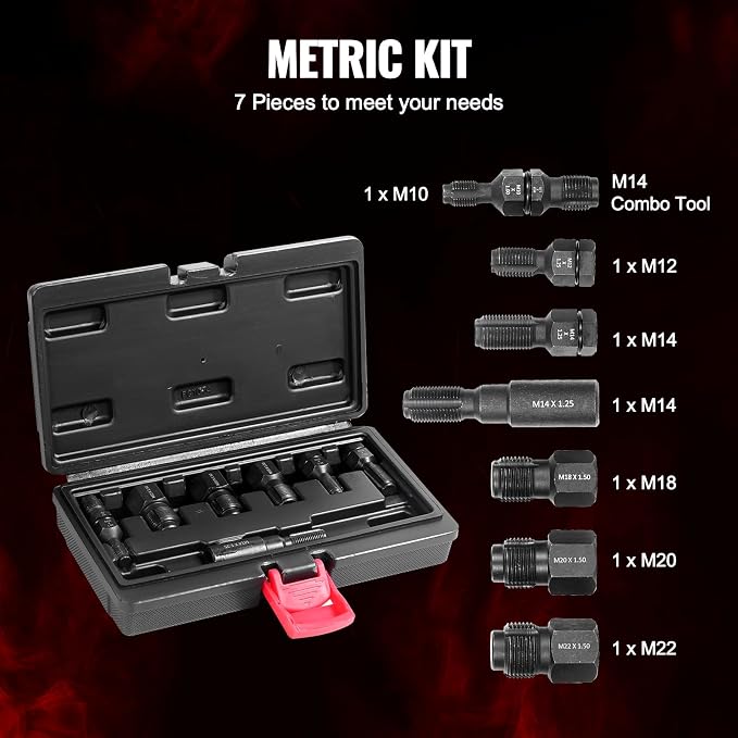 VEVOR Thread Chaser Set 7-Piece - Metric Thread Restorer Tool - M10 M12 M14 M18 M20 M22 Rethreading Tool Kit with Storage Case for Automotive Thread Repair Applications