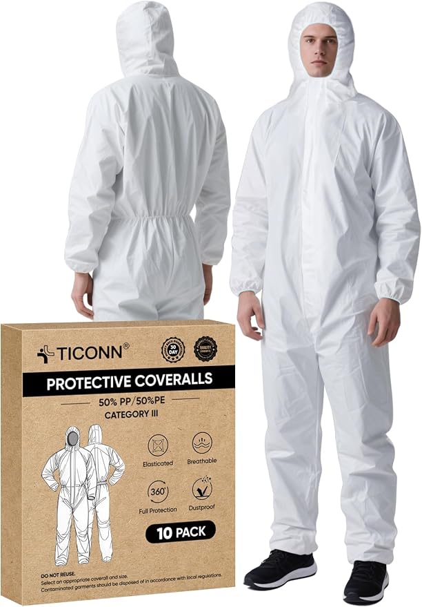 TICONN Hazmat Suit Disposable Coveralls, Full Body Protective Lab Coveralls, Breathable Paint Suit for Men Women