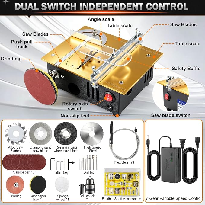 Mini table Saw,mini Table Saws for Crafts,Dual Motors & Switches,small table saw with adjustable cutting angle,depth,and speed,All-in-One Cutting/Grinding/SandingTool,Creat for Hobbyists Model Maker