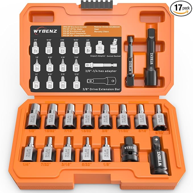 17Pcs Screw Extractor Set, 3/8" Inch Drive Easy Out Bolt Extractor Set, Multi-Spline Stripped Screw Extractor Kit, Bolt Remover for Broken Bolts, Nuts & Screws, with Extension & Adapter Accessories