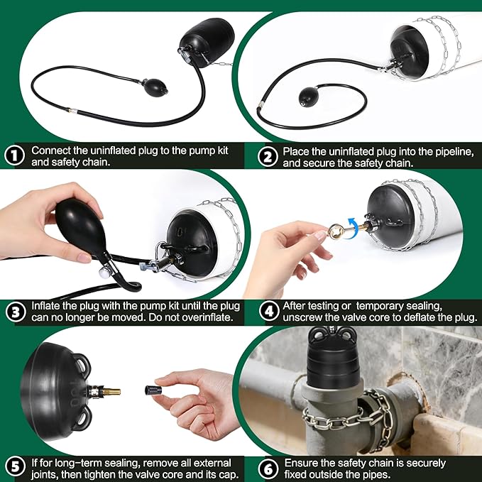 3 Inch Inflatable Pipe Plug Balloon Kit with Extension Hose,Safety Chain & Pump, Rubber Sewer Test Ball for Drain Blocking, Plumbing Pressure Testing/Leak Detection(Fits 2.8"-3.2" Pipes)