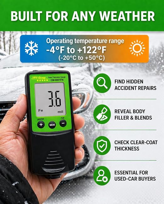 Paint Thickness Gauge CM-8801FN for Cars – Digital Coating Thickness Meter, Auto Fe/NFe Detection, 1 μm Resolution, 0–1250 μm (0–49 mils), ±(3%+2 μm) Accuracy, Automotive Inspection Tool