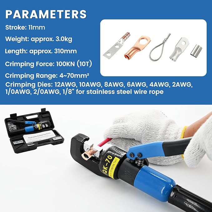 10 Ton Hydraulic Crimping Tool - 12 AWG to 2/0 AWG Battery Cable & Terminal Crimper with 9 Pairs of Dies Kit, Blue