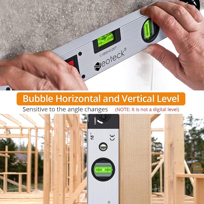 Neoteck 16 inch Digital Angle Finder 225° Aluminum Protractor, LCD Backlight, Bubble Level ±0.5° Accuracy, Data Hold & Locking Knob, Auto Shutdown, Portable Bag, for Woodworking & Construction