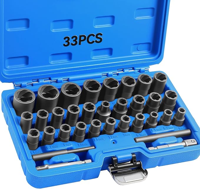 DISEN 33 PCS Bolt Extractor Kit Set, 1/4" & 3/8" Bolt and Nut Remover Set CR-MO Steel Extraction Socket Set with Storage Case Drive Lug Nut Removal Tool for Rusted, Damaged, Round Bolt Nuts Screws