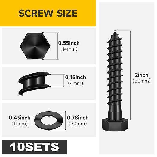 Mywish (50Sets) 3/8" x 2" Lag Bolts, 304 Stainless Steel 3/8 inch Lag Screws Bolts for Wood, Heavy Duty Hex Head with Flat Washers Bolt Kit, Black Oxided