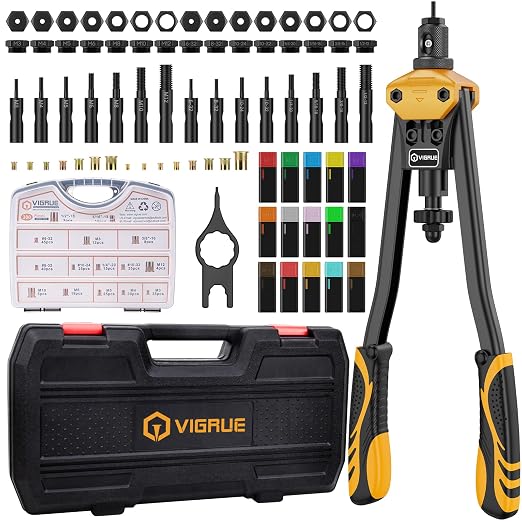 VIGRUE 16'' Rivet Nut Tool Kit Nutserts Rivnut Hand Tool Set with 15PCS Metric & SAE Mandrels and 300PCS Rivet Nuts Assortment, Rivnut Tool with Rugged Carrying Case for Automotive, Home DIY