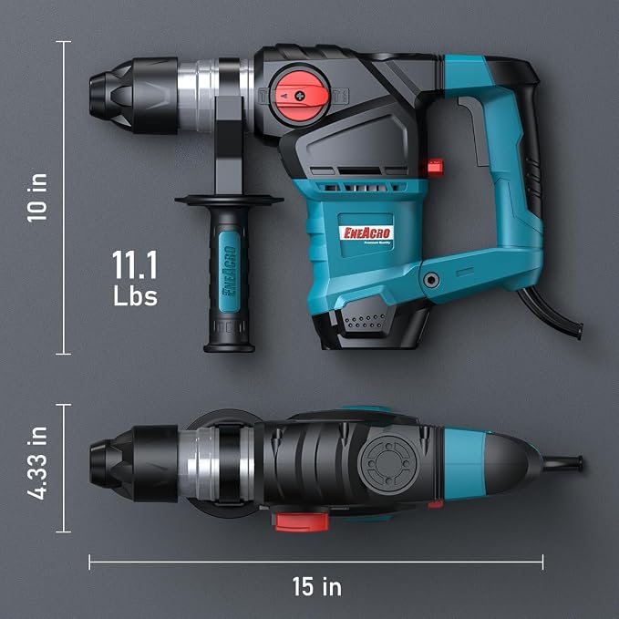 ENEACRO 1-1/4 Inch SDS-Plus 12.5 Amp Heavy Duty Rotary Hammer Drill | Safety Clutch, 3 Functions, Vibration Control, Includes Grease, Chisels, Drill Bits & Case