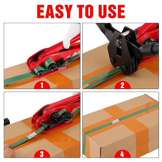 Banding Packaging Pallet Strapping Kit with Strapping Tensioner Tool,Banding Sealer Tool. 5/8″x 852′925lbs Break Strength Polyester Strapping with 100 Metal Seals for Pallets, Logistics, Warehouse