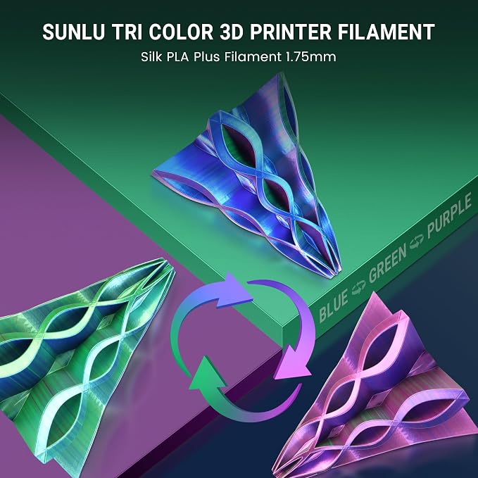 SUNLU Silk Triple Color Pla Filament, Silk PLA 3D Printer Filament 1.75mm, Shiny Silk Texture, Dimensional Accuracy +/- 0.02mm, 1KG Spool (2.2 lbs), PLA Silk Triple Color (Blue Green Purple)