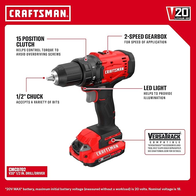 CRAFTSMAN V20 Cordless Drill Driver and Impact Driver, 2 x 2Ah Lithium Ion Battery and Charger, Two Power Tools, 1700 RPM 1/2 In. Electric Drill, 1800 Torque 1/4 Impact Screwdriver (CMCK201D2)
