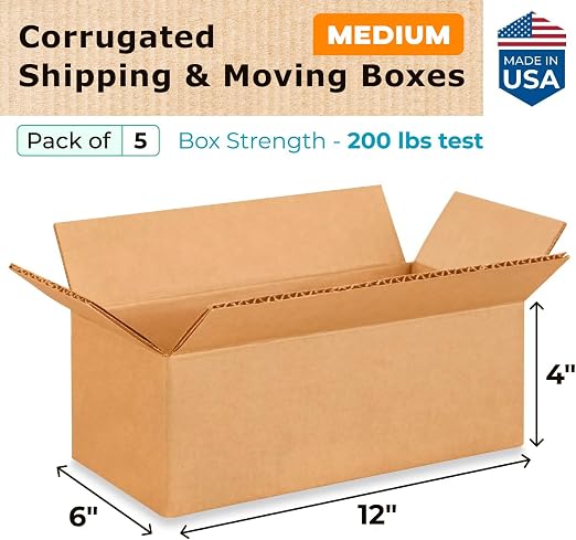 Medium Moving & Shipping Boxes 12 x 6 x 4 inches (5-Pack) - Extra Strength 200 lb vs Regular - USA-Made Corrugated Boxes for Packaging - Shipping Box - Cardboard Shipping Box by IDL Packaging