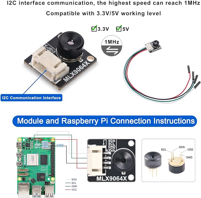 MLX90640-D110 Thermal Imaging Camera, 32x24 IR Array | I2C Interface, Raspberry Pi/Arduino/STM32 Compatible, -40°C to 300°C Range, 110° FOV