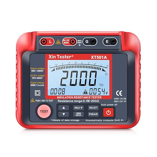 Xin Tester 1000V AC DC Megohmmeter Insulation Megger Tester, Auto Earth Ground Resistance Meter 50V/100V/250V/500V High Voltage 0.1MΩ-10GΩ Auto Ranging with LCD Display - XT501A