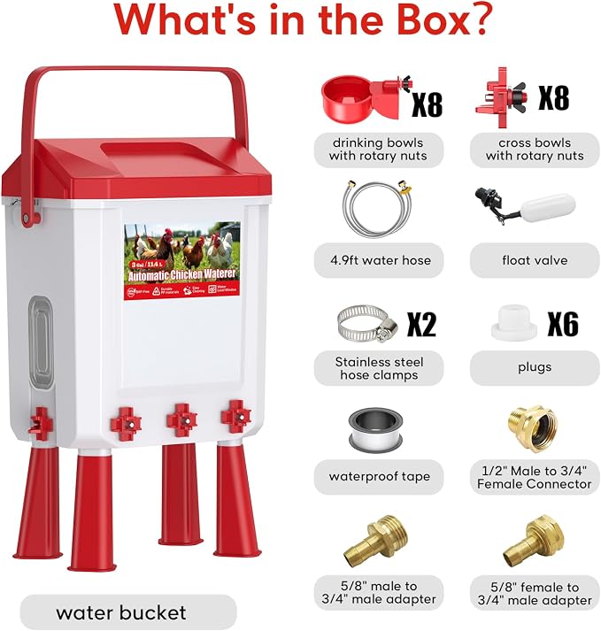 3 Gallons Automatic Chicken Waterer with 8 Chicken Water Cups, 8 Nipples, 6 Plugs, Float-Controlled Chicken Water Feeder with 60 Inch 3/4'' Water Hose, Poultry Waterer Perfect for Chicks, Duck, Goose