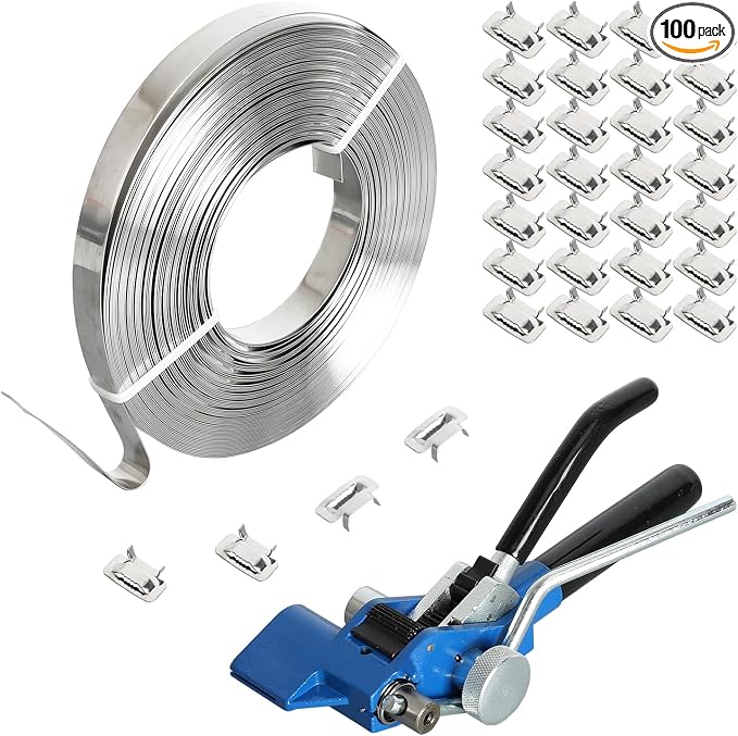 200 ft 304 Stainless Steel Banding Strapping Kit with 100 Steel Buckles & Tensioner Tool – Rust-Resistant Heavy Duty Pallet Strapping for Shipping, Construction, and Storage