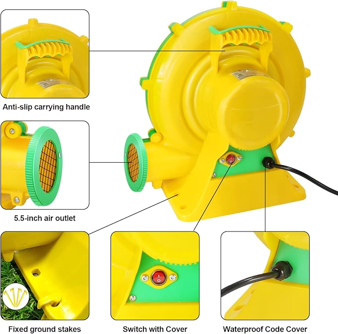 Bounce House Blower, 1100W/1.47HP Commercial Air Blower with Double-Sided Fan Blade Design, Strong Wind and Great Heat Dissipation Properties for Bouncy Castle, Jump Slides, Arch, Inflatables