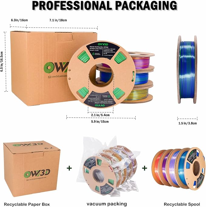 OVV3D Silk PLA 3D Printer Filament Bundle, Shiny Dual Color Filament 1.75mm Pack, Multi Color Change 3D Printing Filament for 3D Printer, 200g X 4 Spools of Red Gold Blue Green Sky-Blue