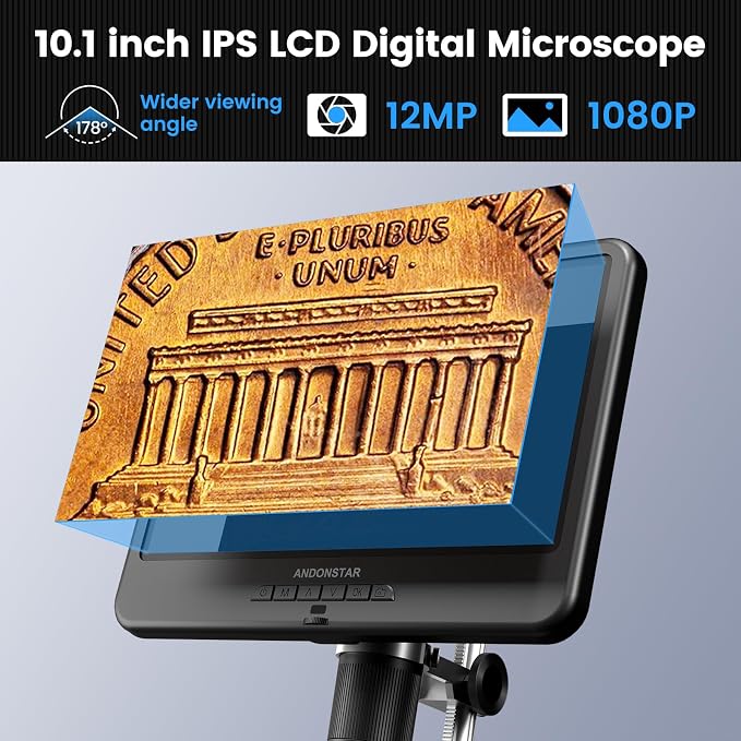 Andonstar AD210 10.1 Inch LCD Digital Microscope for Adults, Soldering Microscope for Electronics Repair, Coin Microscope Camera Full View for Error Coins with Light, Biological Slides Kit, 32G Card