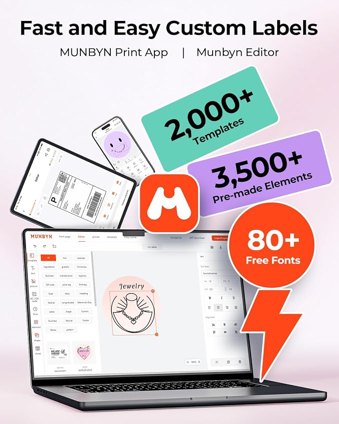 MUNBYN Bluetooth Thermal Label Printer RW403B, Wireless 4x6 Shipping Label Printer for Small Business, Compatible with Android, iPhone, Windows, Mac, Chromebook, Print Width 1.57"-4.25" (Pink)