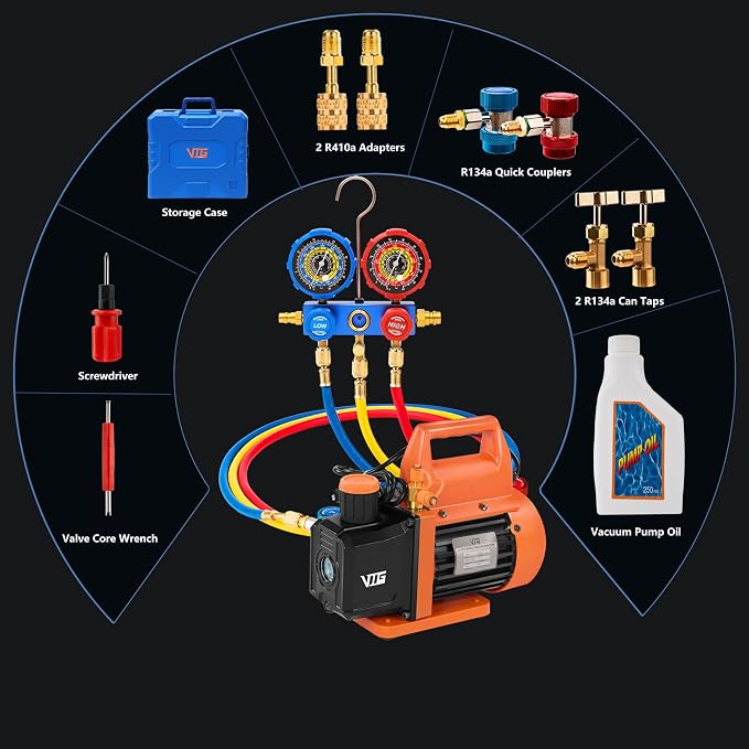 VTG VOGTEN 4.5 CFM AC Vacuum Pump and Gauge Set,for Mini Split/HVAC/Auto Systems,Manifold Gauge Kit Compatible with R22, R32, R134a,R410a,Includes 3 Hoses,2 R134a Can Tap,Upgraded Trifold Storage Case