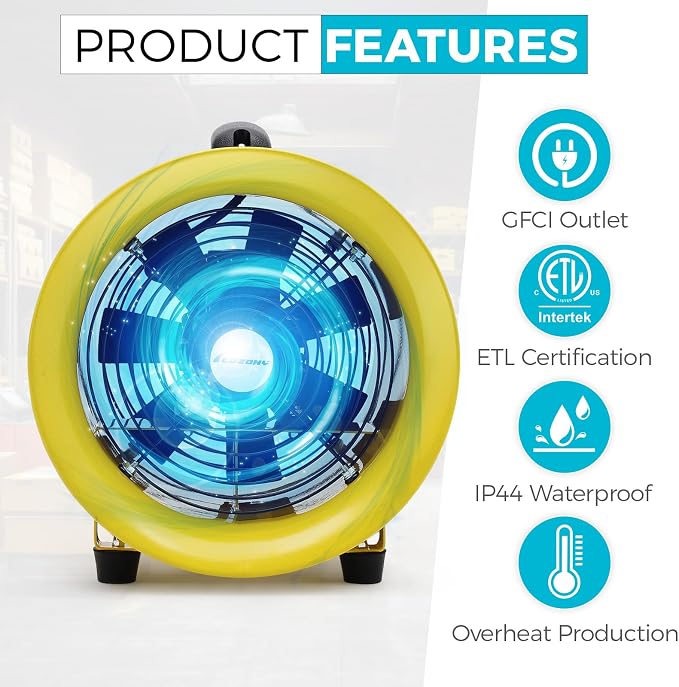 8 Inch Utility Blower Fan | 3300 RPM High Speed, Heavy Duty, IP44 Waterproof Extractor, 33 ft PVC Duct Hose, Industrial Portable Exhaust Ventilation