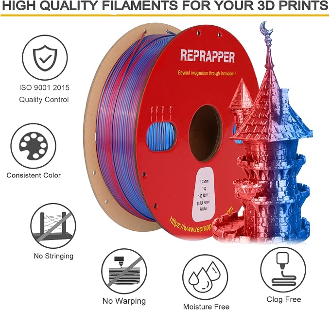 Reprapper Dual Color Filament Coextrusion PLA Filament 1.75mm for 3D Printer, Multicolor Like Rainbow PLA, 2.2lbs (1kg), Silk PLA Red & Blue