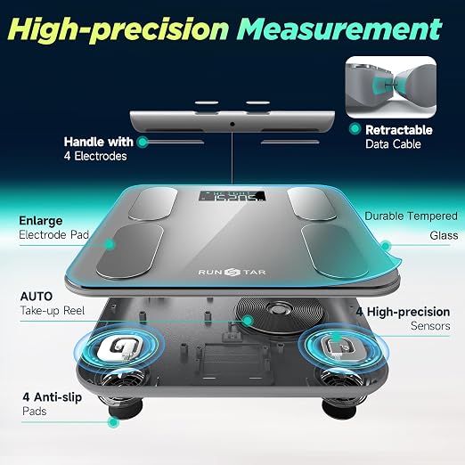 RunStar Digital Bathroom Scale for Body Weight, Body Fat, BMI 28 Measurements, Innovative 8-Electrode Smart Scales FSA&HSA Eligible with Voice Prompt Function High Accurate Bluetooth Weight Machine