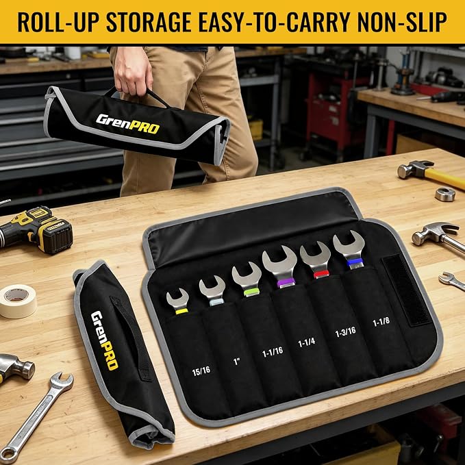 GRENPRO 15/16"-1-1/4" Large SAE Wrench Set, Combination Open End Wrench Set | Color Rings, Roll Up Pouch, Nickel Rust-Proof Coating, CRV Steel, Free Gauge for Quick Size Matching