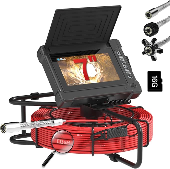 Sewer Pipe Inspection Camera, IPS Monitor 32GB TF Card DVR, IP68 1200TVL HD Camera 65/100FT Fiberglass Cable, 5600mAh Battery Night Vision, for Home/Contractor/Plumber (7 inch/100FT)