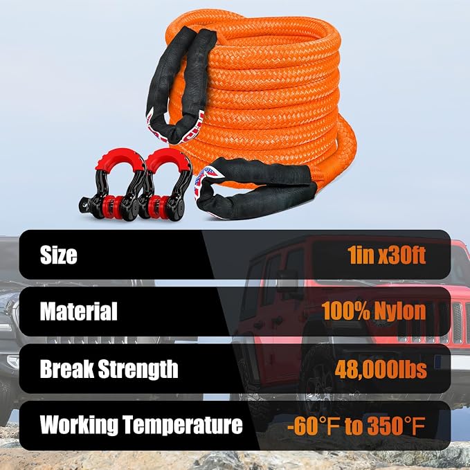 Nilight Kinetic Recovery Tow Rope Kit with 3/4" Anti-Theft D-Ring Shackles 1" x 30ft Heavy Duty Offroad Tow Rope Snatch Strap Towing Strap kit 48,000LBS for UTV ATV SUV Truck Car Jeep Tractor