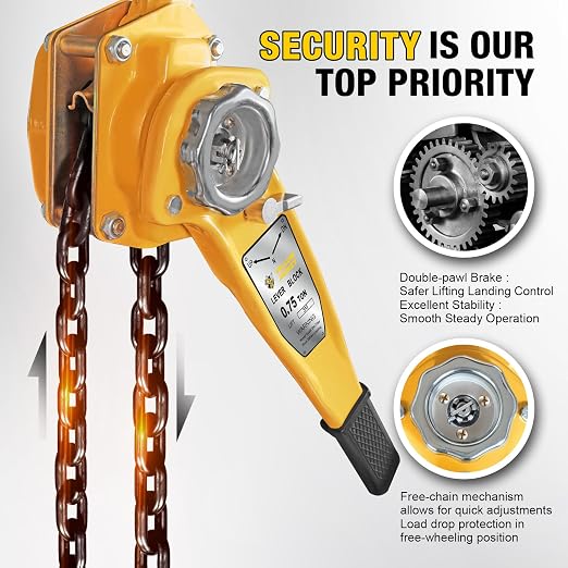 YELLOW JACKET 3/4 Ton Manual Lever Chain Hoist, 10 FT Come Along, G80 Galvanized Carbon Steel with Weston Double-Pawl Brake, Chain Come Along and Safety Measures for Chain Fall
