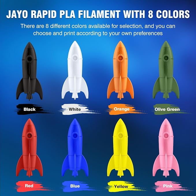 JAYO Rapid PLA 3D Printer Filament Bundle 2KG, High Speed PLA Filament 1.75mm 50mm/s - 600mm/s Print Range, 8 Pack 250g Spool Filament (Black, White, Blue, Red, Pink, Orange, Yellow, Olive Green)