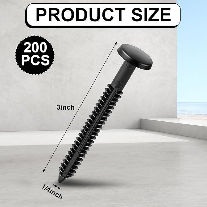 Blulu 200 Pcs 3 Inch Vinyl Shutter Fastener Window Panel Peg Lok Pin Pegs Screws Shutter Spikes Anchor (Black)