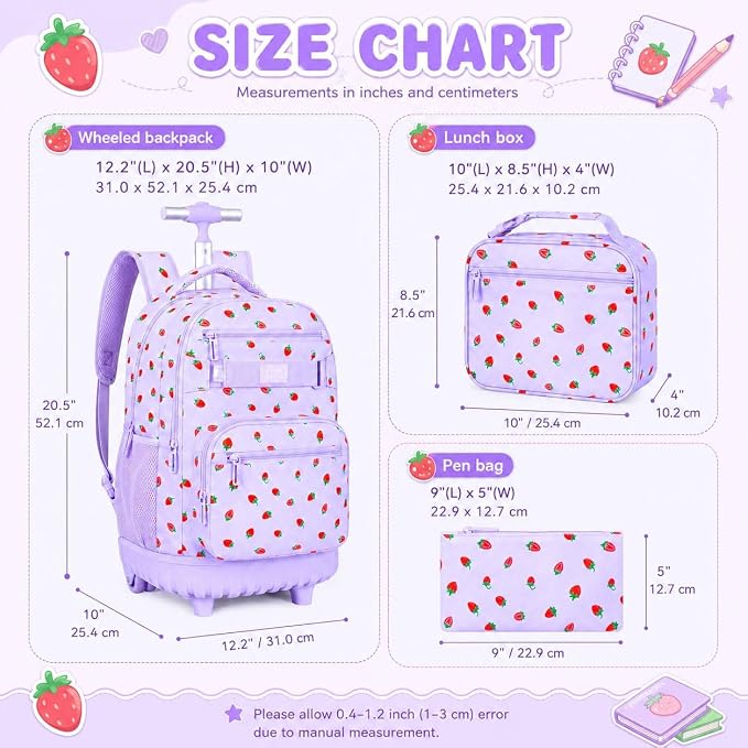 3Pcs Rolling Backpack for Girls Women, Travel Roller Backpacks with Wheels for Adults, Teens College Strawberry Wheeled Bookbag with Lunch Box (Purple)