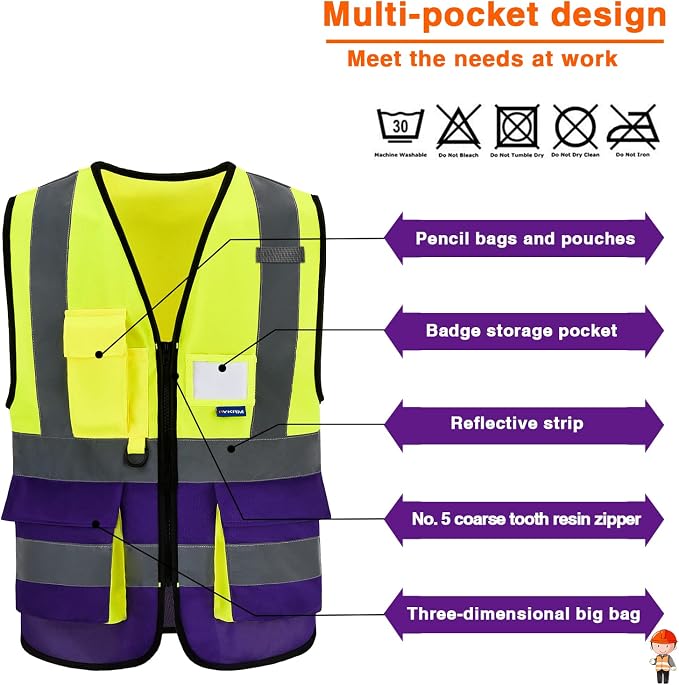 A-SAFETY Reflective Construction Vest, 7 Pockets, Zipper, Yellow/Purple, L | Yellow/Purple L work vest with reflective strips, mic tabs and 7 pockets for specialized technicians and laboratory work.