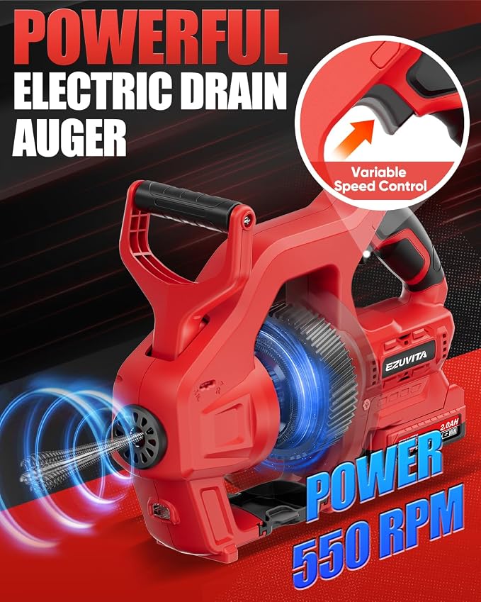 20V Cordless Electric Drain Snake, 25Ft Replaceable Cable with 2.0Ah Battery & Fast Charger, Bag & Gloves for Sink & Sewer, Clears 3/4"-2" Pipes, Father's Day Gift