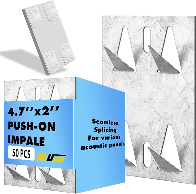 Blulu 50 Pcs Acoustic Panel Impaling Clips, 18 Gauge Galvanized Steel Sound Panel Wall Mount for Gypsum Board Plywood Masonry, Surface Mounting Impaling Clips for Acoustic Foam Panels (Silver)