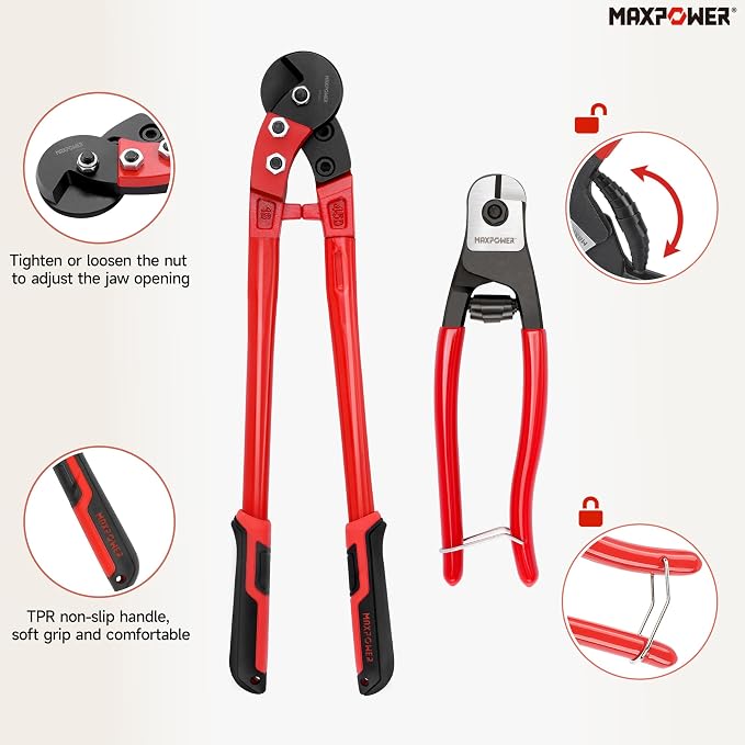 MAXPOWER Steel Cable Cutters, 8" Wire Cutter & 18” Wire Rope Cutter for Hard Wire Ropes, Stainless Steel Wire Seals Aircraft Bicycle