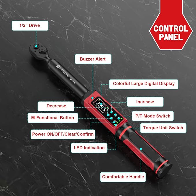 SUERCUP 1/2" Drive Digital Torque Wrench, 3.8-250.8Ft.Lb/5.1-340Nm, ±1% Accuracy, Electronic Torque Wrench with Vibration/Buzzer/LED, 9 Presets & 5 Units, for Lug Nuts, Suspension, Brakes & Moto