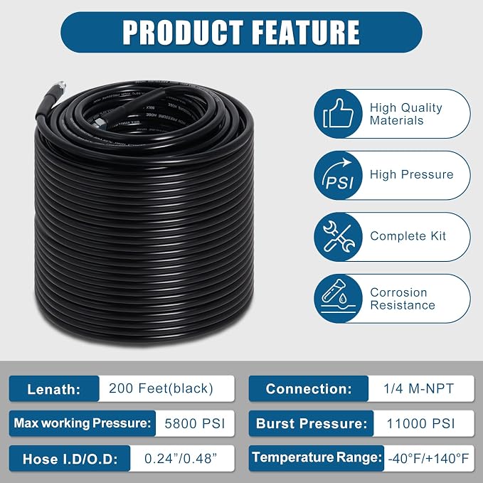 200FT Sewer Jetter Kit for Pressure Washer, 5800PSI Drain Cleaner Hose 1/4 Inch NPT Corner with 4 Sewer Jetting Nozzles，Waterproof Tape，Pearl Corsage Pin，Handle Strap & 2 Spanners (Black)